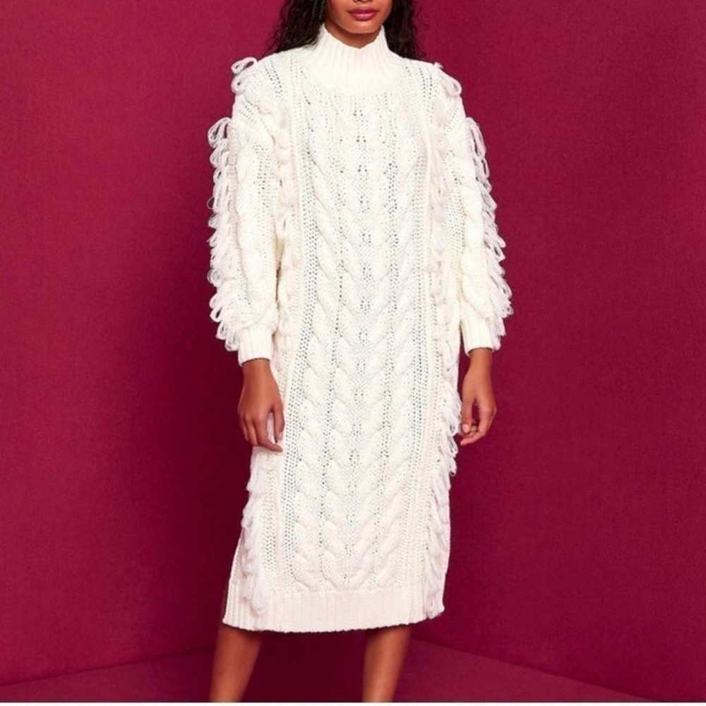 FARM Rio white midi chunky  cable knit sweater dress